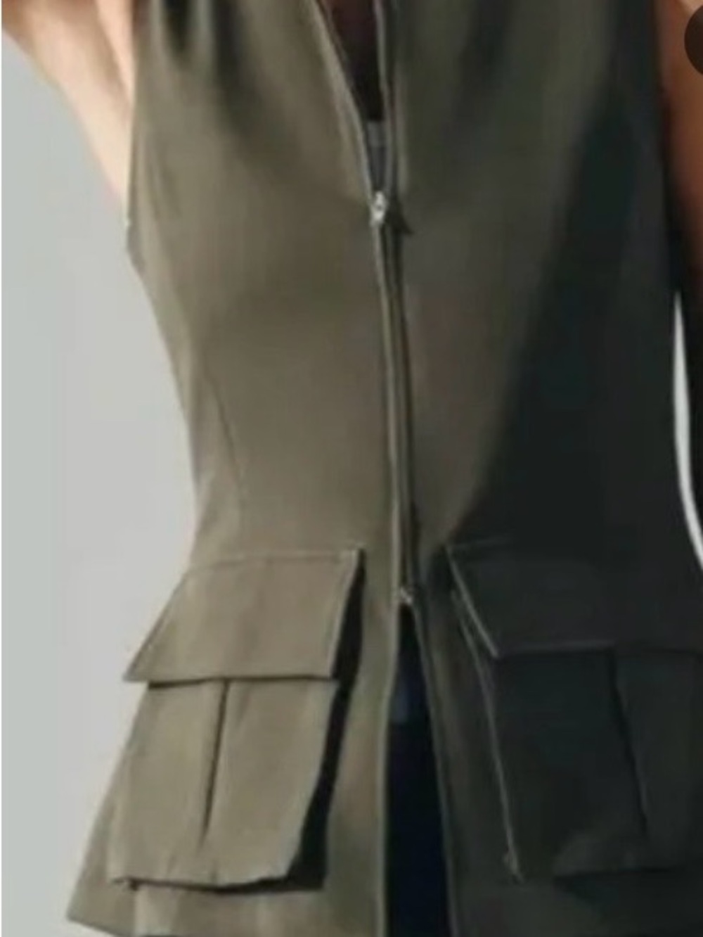 ZARA NWT Dark Khaki Utility Vest Top XL Cotton Stretch Pockets